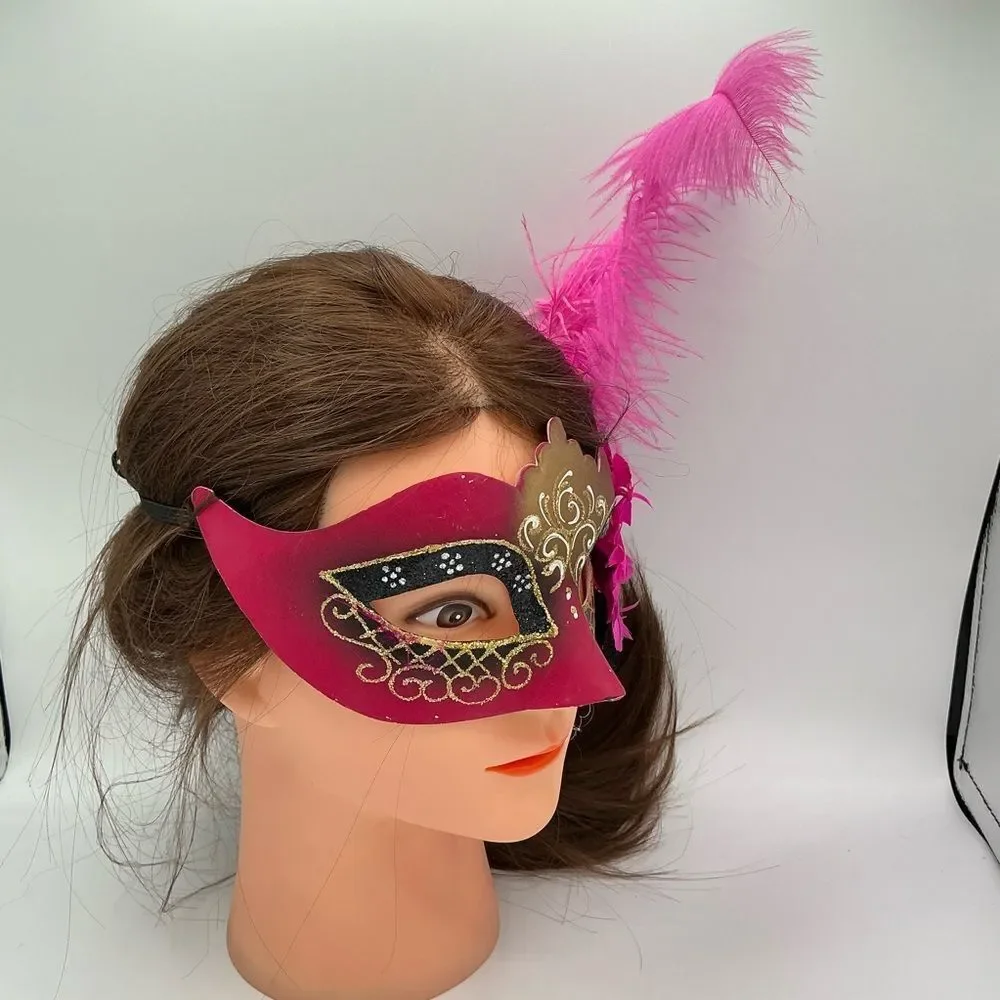 Pink and Gold Masquerade Mask with Feather.Hand painted in Italy
